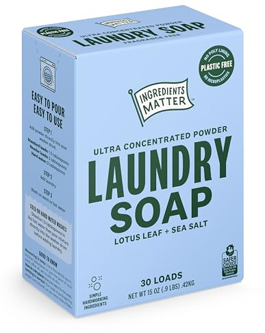 Ingredients Matter Laundry Soap Powder, Lotus Leaf Scent + Sea Salt, Hypoallergenic Cleaner, Natural and Eco-Friendly, Plastic Free, Natural Essential Oils and Dermatologically