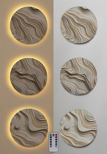 Generisch Drei runde Wandbilder mit indirekter Beleuchtung – Premium-Druck auf HDF, UV-Farben, langlebige Oberfläche & warmweiße LEDs (30 cm Durchmesser)