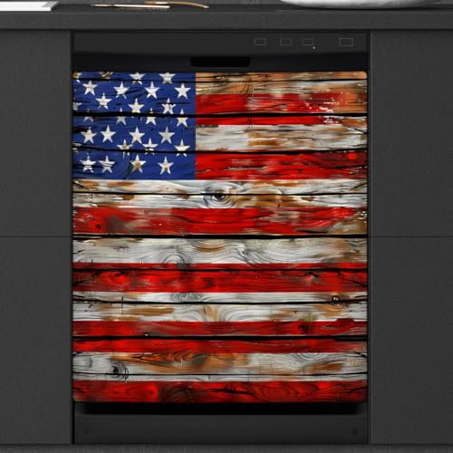 Mexpekil Cubierta magnética de madera retro para lavavajillas con bandera de Estados Unidos, 23 x 26 pulgadas, impermeable, decorativa, para electrodomésticos de cocina