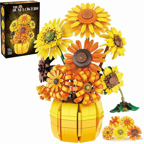 TOMANTOLAN Sunflower Building Set Flowers with Vase, Van Gogh Botanical Collection for Adults, 1009PCS Building Blocks Artificial Flowers Bouquet Plant Kit Compatible with Lego Flowers