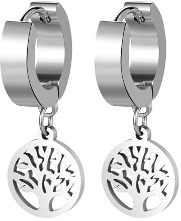 Aroncent Ohrringe Creolen Lebensbaum Anhänger: Herren Damen Edelstahl Retro Punk Huggie Hängend Ohrstecker Große Ohrlöcher Ohrschmuck Silber
