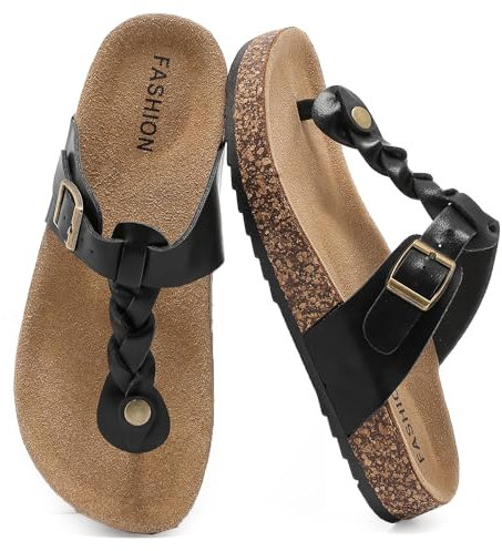 zaxunai Lässig Flach Zehentrenner Damen, Kork Fußbett Sommer Schlappen Unisex, Herren Flip flop Sandalen mit Einstellbarer Schnalle, Pantoletten Rutschfest Badelatschen, Bequem Hausschuhe