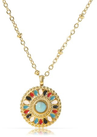 Made by Nami Halskette Damen Gold mit Mandala Anhänger und Edelsteinen in Bunt oder Grün aus Chirurgischem Edelstahl 40 + 5 cm Boho Schmuck Damen Wasserfest & Hypoallergen (Multi)