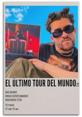 QWQEUTY El Último Tour Del Mundo Bad Bunny 1 Poster, ästhetische Wandkunst, Leinwand, Vintage-Poster, dekoratives Gemälde, Wohnzimmer, Schlafzimmer, Dekoration, 30 x 45 cm, ungerahmter Stil