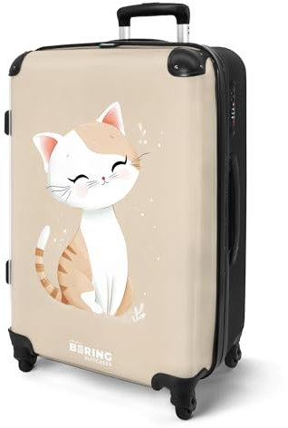 NoBoringSuitcases.com® Koffer Kinder Groß 67x43x25 cm Reisekoffer Kinderkoffer 4 Rollen Leicht Koffer Trolley Mittelgroß Hartschalenkoffer Kind Katze - Beige - Weiß