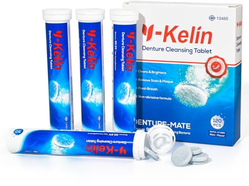 Y-Kelin 4 Pack Denture Cleaning Tablets - 120 Pcs, False Teeth Cleaner, Denture Cleaner Tablets, Mouth Guard Cleaner, for Overnight Dental Prosthesis