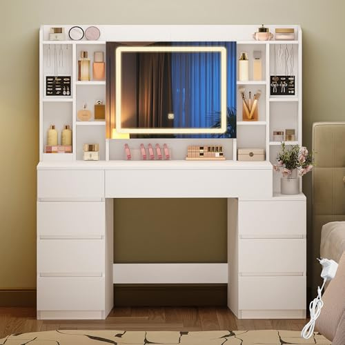 HEXCELEN 120 cm Schminktisch mit Spiegel, 40 × 120 × 141 cm, Weiß | Großem Spiegel, Frisiertisch mit 8 Schubladen und 11 Offenen Fächern, Integrierte Schmuckablage