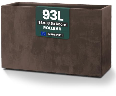 Kreher® XXL Sichtschutz Pflanzkasten hoch 93L - 98x38,5x62 cm - doppelwandig & rollbar, mit Entwässerungsstopfen - wetterfest - Naturstein Optik - in Braun