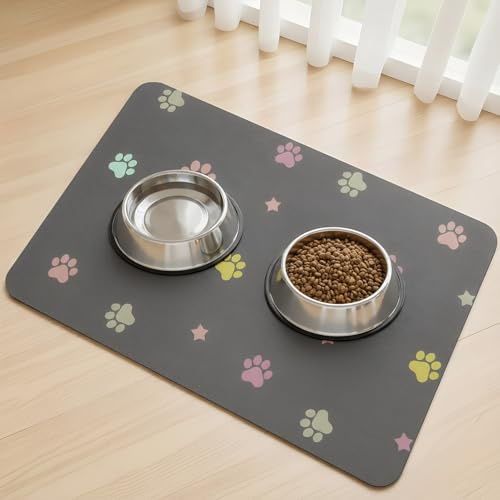 SARTNP Napfunterlage Hund, Gummirücken Napfunterlage Katzen, Wasserabsorbierend Hundenapf Kleine Hunde,rutschfeste Unterlage Hundenapf Futtermatte (Dark Grey-Star Paws, 60 x 90 cm)