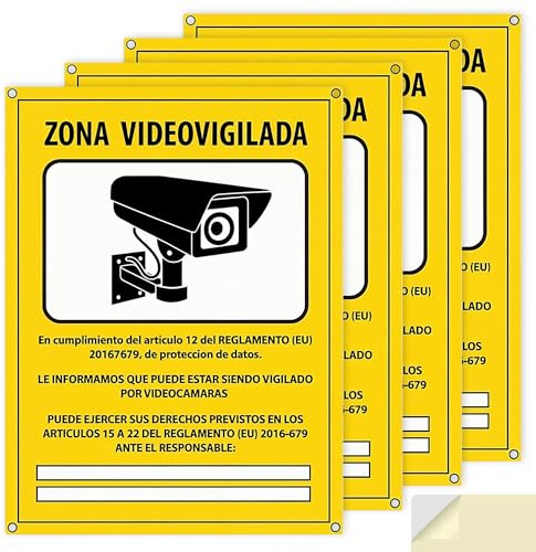 Carteles Cámara de Vigilancia PACK 4 - Zona Videovigilada Homologados RGPD - Aluminio 20x15 cm - Placas Seguridad Interior Exterior Resistentes