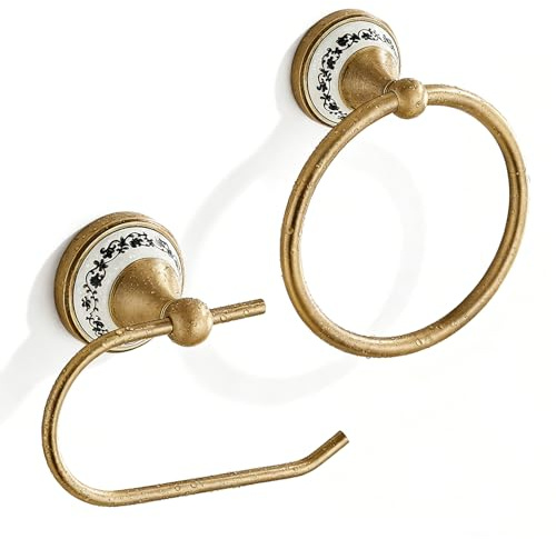 2 Pieces Vintage Bathroom Accessories Set, NEWRAIN Antique Brass Toilet Paper Holder and Hand Towel Holder Set, Retro Wall Mounted Toilet Roll Holder