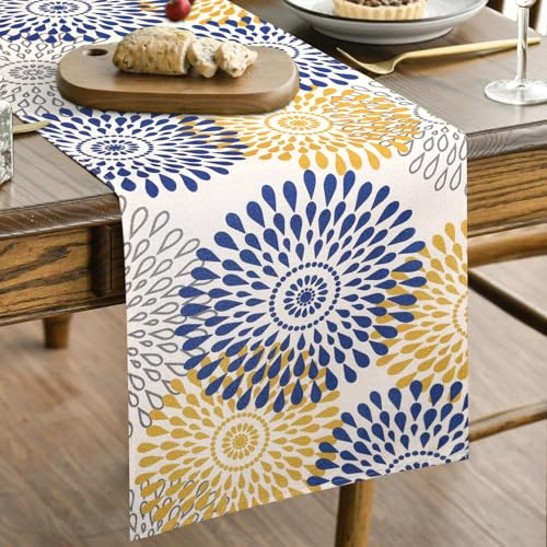Dalia Camino de Mesa Moderno Decoraciones Florales Azul Amarillo Centro de Mesa Comedor Verano Decoracion Mesa Cumpleaños para Comedor, Fiesta, Vacaciones Hogar Festival Decoraciones 40 x 100 cm