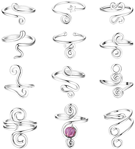 Roheafer 12 Piezas Anillos Para Pies Ajustables Mujer Hipoalergénico Chapados en Oro 14K, Abiertos Apilables Abierto Pie Dedo Anillos, Joyas para Pies de Playa de Verano, Set para Fiestas y Viajes