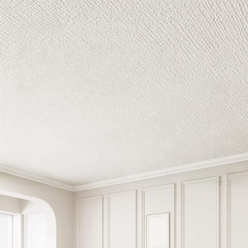 RENLXFI Dalle de Plafond Autocollant De Plafond Texturé en Faux Lin en PVC, Panneaux De Revêtement Mural Auto-adhésifs De 75cm De Largeur, Papier Peint pour L'intérieur(White,L 5m/16.4ft)