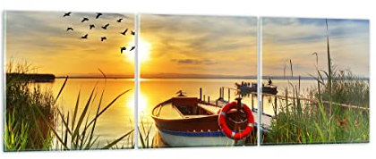 Mehrteilige Bilder auf Glas 120x40cm Glasbild Boot See Sonnenuntergang Sommer Menschen Groß Wanddeko Schlafzimmer Küche Set 3 teilige Wandbilder Dekoration Wohnzimmer Modern Wand Art GCA120x40-3053