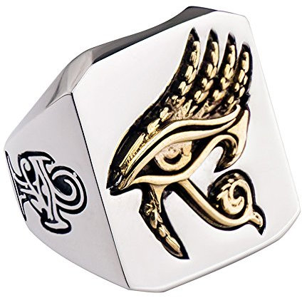 ForFox Punk Titan Edelstahl Ägypten Gold Auge des Horus Ring Stahl Hip Hop Ring Ägyptischer Schmuck für Herren Damen Größe 59