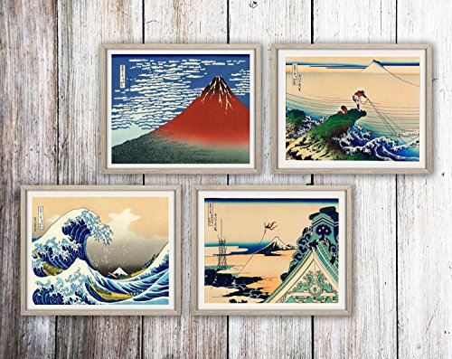 Woodblock Prints Japanese Woodblock Art Set of 4 Woodblock Wall Art by Katsushika Hokusai The Great Wave Toto Asakusa Honganji (21cm x 30cm)