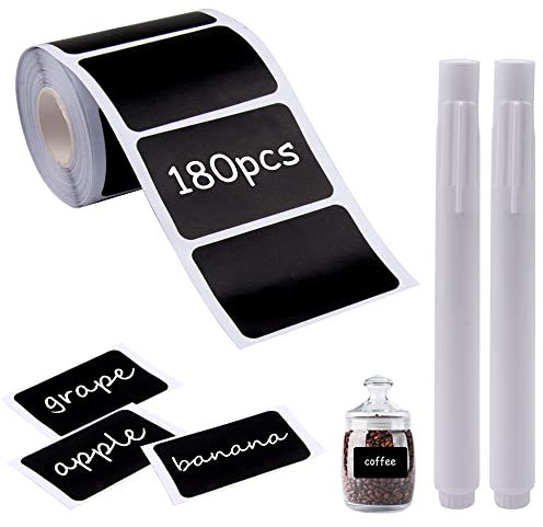 Chalkboard Labels, Sunallwell 180 PCS Waterproof Reusable Blackboard Stickers Kit with 1 White Chalk Pen for Kitchen Organize, Jars, Pantry Storage, Parties, Weddings(60 * 40 mm)