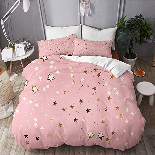 KIMDFACE Parure de lit,Étoiles d'or scintillent sur Fond Rose. Décor Pastel de Vacances festives,Housse de Couette en Microfibre 220x240 cm+2 taies d'oreillers 50x75cm