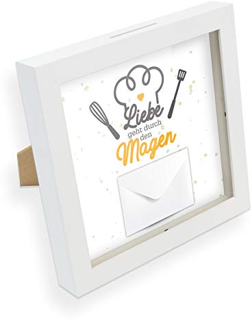 itenga Geldgeschenk I Spardose I Liebe geht durch den Magen I Gutschein/Geld für Essen Kochen Restaurant I Bilderrahmen zum Befüllen I Geschenkverpackung I inkl. Briefumschlag