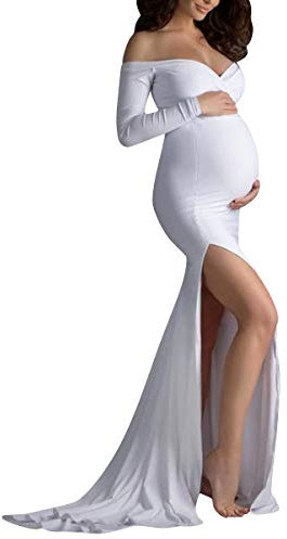 IBTOM CASTLE Robe Grossesse Shooting Photo Sexy Longue Jupe en Mousseline de Soie pour Photographie Mariage Plage Soireé Cérémonie Jupes Enceintes Maternité Blanc XL