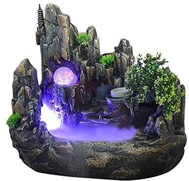 Fontaine d'intérieur - Fontaine de table - Avec éclairage - Brouillard - Plantes LED - Avec plantes - Cascade - Avec changement de couleur - Simulation de jardin de rocaille - Humidificateur d'air