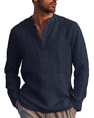 NANAMEEI Men's Long Sleeve Henley Shirt Cotton Linen Grandad Collar Shirt Navy L