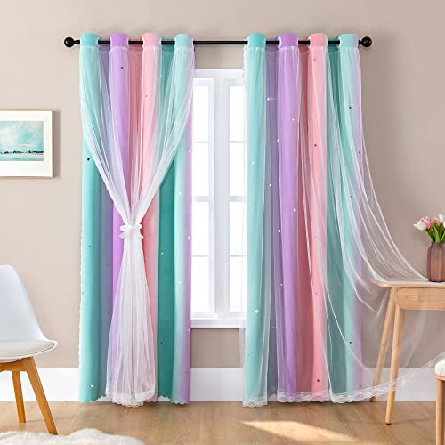 XiDi Vorhänge für Mädchenzimmer, Fenster-Ombré-Vorhänge, 2 Paneel-Sets, Einhorn-Wandaufkleber, rosa Vorhangvorhänge, Kindervorhänge, Raumverdunkelung, 160 cm lang, Verdunkelungsvorhänge, lila-grün,