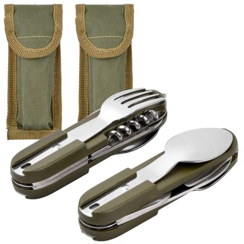 Wisebom Set de Couverts de Camping Pliants, 2 Pièces Kit Couverts de Camping 8 en 1 en Acier Inoxydable Amovible Vaisselle de Camping pour la Randonnée en Plein Air Pique-Nique Voyage (Vert)