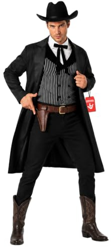 Morph, Cowboy Costume Men, Halloween Costumes for Men | Long Black Western Coat, Pinstriped Black Waistcoat Included, Perfect for Halloween, Great for Fancy Dress