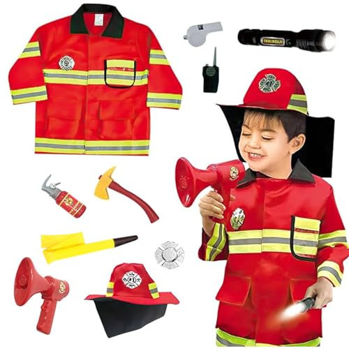Abiemuce Costume da Vigile del Fuoco per Bambini, Set di Giochi di Ruolo dei Vigili del Fuoco con Estintore Casco da Pompiere, per Bambini 3+ Anni