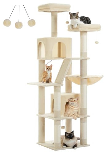 PETEPELA 180cm Kratzbaum groß, Multi-Level Katzenbaum für große Katzen, mit 6 Sisalsäule, 2 Kratzbrettern, 2 Plattformen, 1 Hängematte, 2 Spielbälle, Plüsch-Stoff, beige