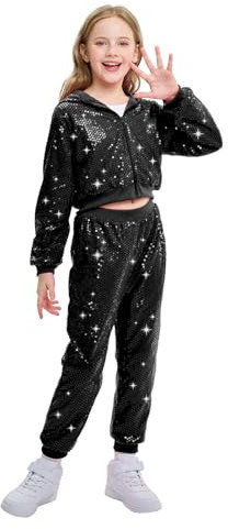 LOLANTA Kinder Pailletten Hip Hop Tanzkostüm Street Dancewear Jacke Hose Set, Schwarz, 11-12 Jahre, 160