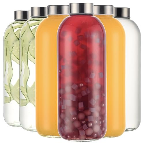 Danmu Art Glass Bottles with Lids 6 Pack - Glass Juice Water Bottles with Stainless Steel Airtight Leakproof Lids - Reusable Glass Empty kombucha Bottles (1000ml)
