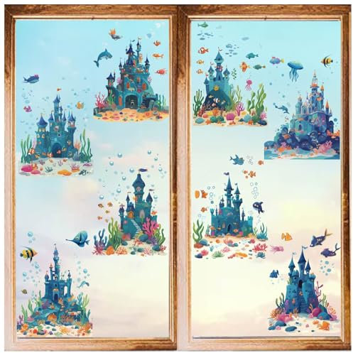 craspire Fensteraufkleber Mit Ozean/Meer Motiv 8 Blatt PVC Wasserfest Selbstklebend Schloss Sommer Wal Fisch Qualle Krake Koralle Meeresglas Fensteraufkleber Für Zuhause Badezimmer Küche Dekoration