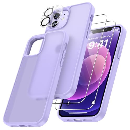 FLLAO 4 en 1 Coque pour iPhone 12 avec 2 Verre Trempé et 1 Caméra Protecteur, [Coussin d'air Intégré] Antichoc Antirayures Bumper Protection Housse pour iPhone 12 6.1, Violet Clair