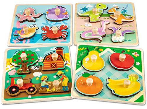 Funsland Wooden Puzzles Jigsaw for 1 Year Old, 4 Pcs Toddler Peg Puzzles Animal, Baby Montessori Wooden Toys, Infant Kid Fine Motor Skill Learning Educational Toys Gifts for 1 2 3 Years Old