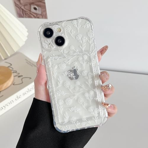 DEFBSC Compatible with iPhone 15, Transparent Back Card Holder Phone Case, Ultra Slim Soft TPU Shockproof Clear Case with Card Slot for Back of Phone, Floral Pattern Design, Sketch Flower