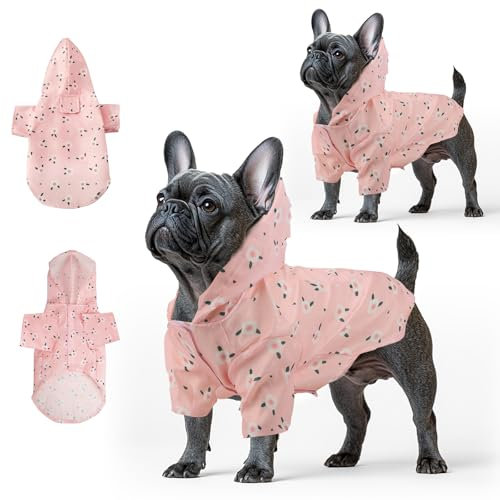Fiohiros 2 Stück Hunde-Regenmäntel, wasserdicht, leicht, mit Loch für Geschirr, Hunde-Regenmantel mit Kapuze für kleine Hunde (Rosa, XL)