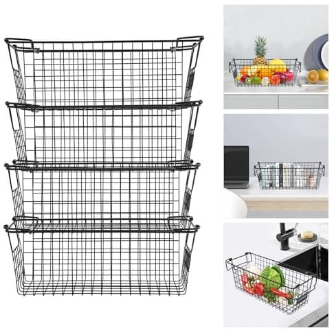 Etrhdfyts 4 Stück Stapelbarer Aufbewahrungskorb Obstkorb Gemüsekorb Drahtkorb Eisen Speisekammer Ordnungssystem für Küche Gefrierschrank Gefriertruhe Obst Gemüse 4er Set