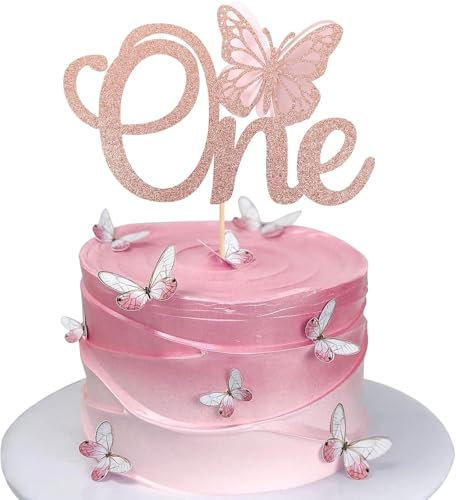 RKMYTR 1PCS Butterfly One Cake Topper - Rose Gold Glitter Birthday Decoration for 1st Birthday Parties, Baby Showers & Butterfly Theme Celebrations (Pre-Assembled for Easy Use)