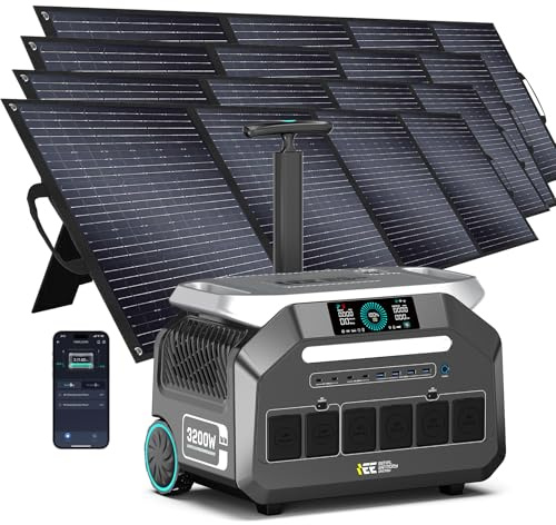 IEE 3200W Tragbares Powerstation P3200 mit 4 x 200W Solarmodulen, 2048Wh Solargenerator, LiFePO4 Akku, 1h Schnellladung, APP, 16 Anschlüsse, Tragbares Kraftwerk für Camping, Wohnmobil