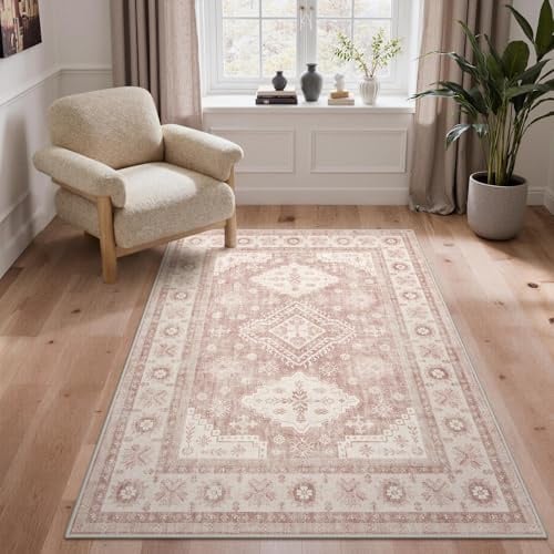 GENIMO Teppich Wohnzimmer 120X170 cm Vintage Waschbar Altrosa Beige | Boho Vintage Orientalischer Teppiche, Kurzflor Wohnzimmerteppich, Rutschfest Carpet, Groß für Schlafzimmer, Esszimmer, Büro