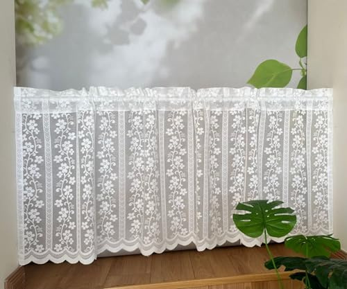 Jeeman Jacquard Scheibengardine mit Blumenmuster Spitze Landhausstil transparente Kurzgardine Retro Bistrogardine für Küche Wohnzimmer Schlafzimmer und Café Weiß HxB 50x120cm 1 Stück