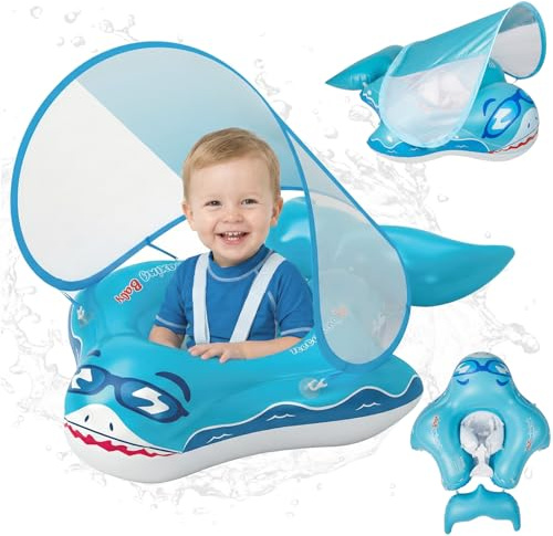 Flotador Bebe con Sombrilla UPF 50+ Ninonly Flotador con Proteccion Bebe Diseño Tiburón con Campana, Inflable Piscina para Bebe Asiento Ergonómico Anti-Vuelco Seguro para Piscina y Playa 12-36 Meses