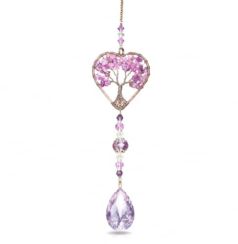 Heart-Shaped Tree of Life Amethyst Sun Catcher for Windows, Natural Crystal Chakra Healing Window Decor, Rainbow Maker with Quartz Pendant, Car Hanging Ornament Spiritual Gift for Women Her Mum