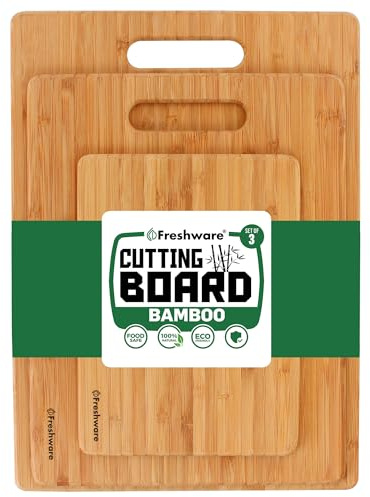 Freshware Bamboo Cutting Board Set of 3, Wooden Cutting Boards for Kitchen, Knife Friendly Food Grade Chopping Board, Lightweight with Hanging Hole for Easy Storage