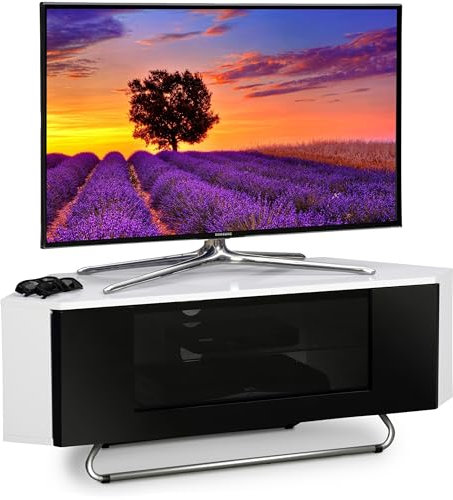 Centurion Supports Hampshire Corner-Friendly Gloss White with Black Contrast Beam-Thru Remote Friendly Door 26-50 Flat Screen TV Cabinet
