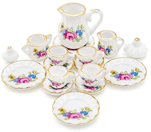 Odoria Miniature 1/12 Service a Thé en Porcelaine Accessoire Maison de Poupée, Fleur Rose