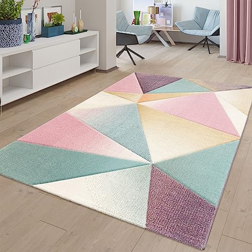 TT Home Moderner Teppich Wohnzimmer Teppiche Trapez Muster Pastell Farben Multicolor, Größe:120x170 cm